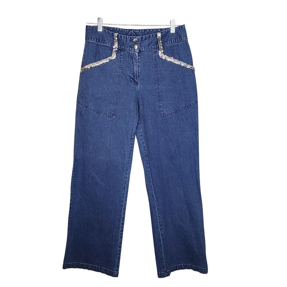 Vintage 90s Forenza Wide Leg Silver Sequin Accent High Rise Denim Jeans Size 12
